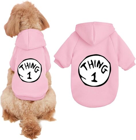 ملابس الحيوانات الأليفة بغطاء للرأس للكلاب الصغيرة Thing 1، سترة مطبوعة بغطاء للرأس للكلاب الصغيرة (أحمر خمري، L) in Kuwait