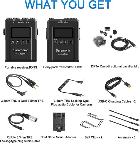 Saramonic Advanced 2-Person Wireless UHF Lavalier System with Dual Camera-Mount Receiver, Premium DK3A Lavaliers, Li-Ion Power, Hard Case & More (UwMic9S Kit 2),UWMIC9S-KIT2,Black in Kuwait
