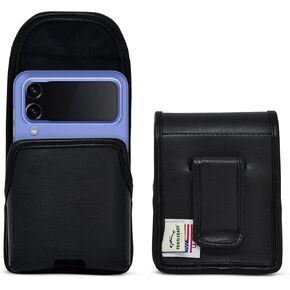 Turtleback Holster Designed for Galaxy Z Flip6 Flip 5 and 4 Thin Fit, Vertical Belt Case Black Leather Pouch with Executive Belt Clip,