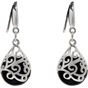 Recycled Antique Black Depression Glass and Sterling Silver Filigree Teardrop Earrings