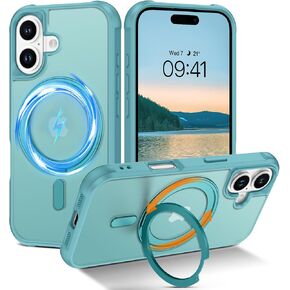 Telaso Magnetic for iPhone 16 Case, Compatible with Magsafe with 360° Rotatable Magnetic Stand Ring Holder, Translucent Matte Back Soft TPU Bumper Military Grade Protective iPhone 16 Case, Teal