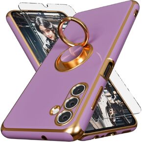 for Galaxy A13 5G Case,+Screen Protector,with Magnetic Kickstand,Built-in 360° Rotation Ring Holder,Plating Gold Edge Slim Soft TPU Shockproof Protective Case for Samsung Galaxy A13 5G, Purple