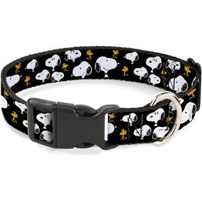 Peanuts Worldwide LLC Pet Collar, Dog Collar Plastic Buckle, Peanuts Snoopy and Woodstock Poses Scattered Black, 11 to 16.5 Inches 1.0 Inch Wide