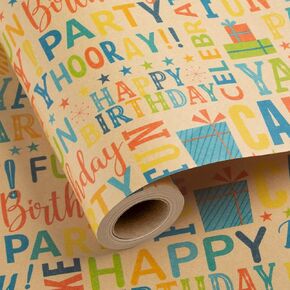 Burymento Birthday Wrapping Paper Roll,Kraft Gift Wrap Paper for Birthday Baby Shower,Kraft Paper with Grid Lines,Lettering Pattern - 17 Inches x 32.8 Feet 1 Roll