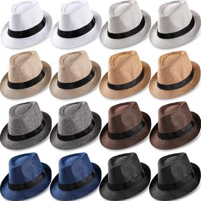 16 Pcs Straw Fedora Hats 1920s Classic Fedora Hats Short Brim Hat Summer Hats for Man Women Straw Hats Panama Hat (Black, Polyester)