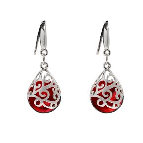 Recycled 1940's Red Beer Bottle Glass and Sterling Silver Filigree Teardrop Earrings