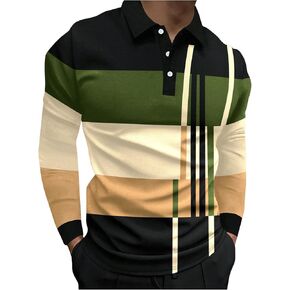 Men's Color Block Striped Print Shirt Tops Button Down Long Sleeve Collar Shirt Golf Shirts Tops