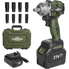 Excited Work 20V Brushless Impact Wrench with 1/2inch 4 Pcs Impact Wrench Socket Set，370 Ft-lbs(500Nm) High Torque，4.0Ah Li-ion Battery Tire Nut Removal Cordless Power Tool