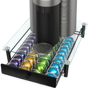 Coffee Pod Drawers, Crystal Tempered Glass Pod Holder Drawer Compatible with Nespresso Capsules, Holds Up to 40 Capsules, Size 13"x14.7"x3.5"