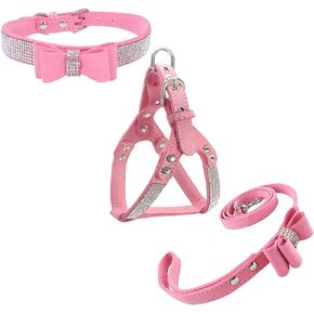 Bowtie Dog Collar & Harness & Lead Sets Comfortable Soft Puppy Collar Diamante with Harness and Leashes Set for Dog - Pink - S