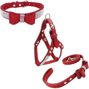 Bowtie Dog Collar & Harness & Lead Sets Comfortable Soft Puppy Collar Diamante with Harness and Leashes Set for Dog - Pink - S in Kuwait