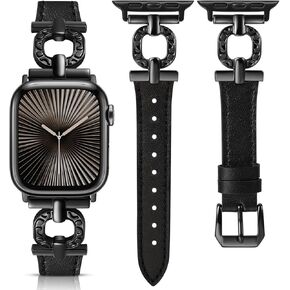 Minyee Leather Band Compatible with Apple Watch Band 41/40/38/42/44/45/46/49mm Women, Slim Leather Strap Scrollwork Designer Dressy O-Shape Metal Buckle for iWatch Series 10 9 8 7 6 5 4 3 2 SE Ultra