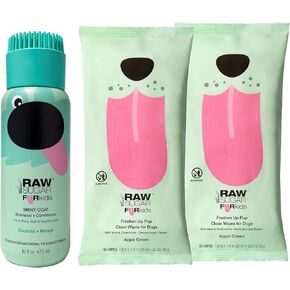 Raw Sugar 2-in-1 Dog Shampoo and Conditioner (Aloe & Oatmeal, 16 Fl Oz) & Dog Wipes, 2 Pack (60 Apple Cream Pet Wipes) Fur Kids Sensitive Coat Kit, Vegan & Cruelty-Free Puppy Essentials