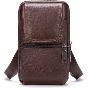 Cell Phone Shoulder Bag Leather Black, Men Mobile Phone Fanny Pack with Clip, Smartphone Shoulder Holster Leather Crossbody Messenger Bag Belt Case Men's Waist Pouch Hip Bag for Hiking Camping Outdoor