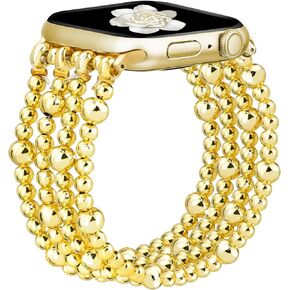 JR.DM Beaded Bracelet Compatible with Apple Watch Bands 40mm 41mm 38mm 42mm Women, Dressy Fancy Fashion Stretchy Elastic Jewelry Strap Replacement for iWatch Series 10/9/8/SE/7/6/5/4/3/2/1, Gold
