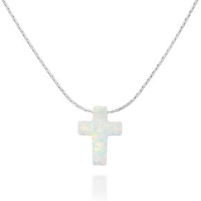 White Opal Cross On Thin Sterling Silver Choker Necklace - Designer Handmade Collar - Length: 13.5 inch + 3 inch Extender