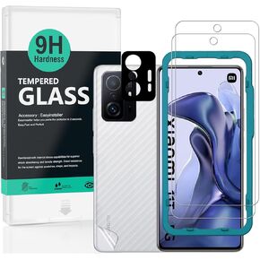 Ibywind Screen Protector For Xiaomi 11T/11T Pro(5G),with 2Pcs Tempered Glass,1Pc Camera Lens Protector,1Pc Backing Carbon Fiber Film [Fingerprint Reader,Easy to install]