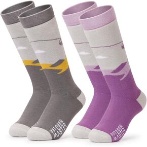 OutdoorMaster Kids Ski Socks, 2-Pair Pack Snowboarding Socks for Toddler Boys and Girls, Over the Calf Design w/Non-Slip Cuff
