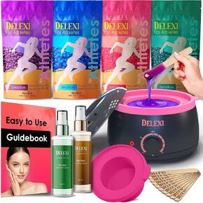 DELEXI Premium All-in-one Waxing Kit for Women | Salon Quality 5-Pack Hard Wax Beads For Brows, Bikini, Legs, & More + Silicone Wax Kit Accessories
