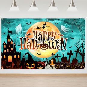 Mocsicka Happy Halloween Backdrop Halloween Banner Pumpkin Moon Witch Ghost Spooky Castle Halloween Birthday Party Decorations (Purple)