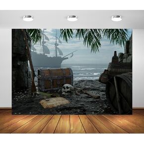 BELECO 7x5ft Fabric Pirate Theme Backdrop Pirate Ship Treasure Chest Map Gun Skull Caribbean Sea Pirate Island Beach Background Pirate Party Decorations Halloween Pirates Trunk or Treat Photo Props