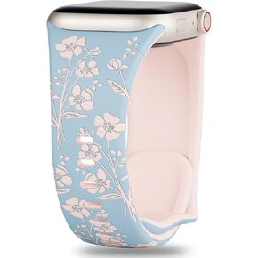 Floral Engraved Silicone Bands Compatible with Apple Watch Band 38mm 40mm 41mm 42mm 44mm 45mm 49mm for Women, Two-Tone Flower Sport Soft Strap for iWatch Series 9/Ultra/8/7/SE/6/5/4/3/2/1