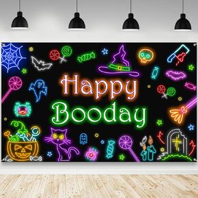 Halloween Happy Booday Backdrop Glow Boo Birthday Photography Background Pumpkin Bat Ghost Halloween Birthday Party Decorations Banner Photo Shoot Props 70.8 x 43.3 inch