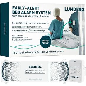 Lunderg Early Alert Bed Alarm System - Wireless Bed Sensor Pad & Pager - Elderly Monitoring Kit with Pre-Alert Smart Technology - Bed Alarms and Fall Prevention for Elderly and Dementia Patients