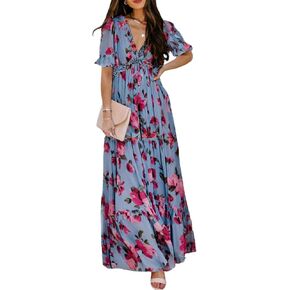 BLENCOT Women's Casual Boho Floral Printed Deep V Neck Dress