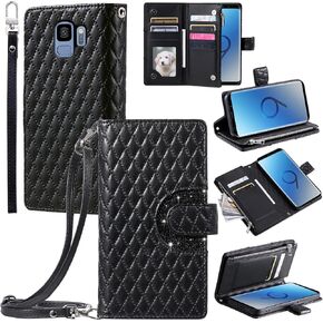 Phone Case for Samsung Galaxy S9 Wallet Cover with and Crossbody Wrist Strap Shoulder Strap 9+ Card Slots Zipper Purse Luxury PU Leather Stand Cell Accessories S 9 Edge 9S GS9 Women Men Black