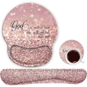 Ergonomic Mouse Pad Wrist Support Gel and Keyboard Wrist Rest Set for Laptop, Mac, Gaming and Office, Durable, Comfortable and Pain Relief + Coaster, Psalm 46:5 God is Within Her,She Will Not Fall