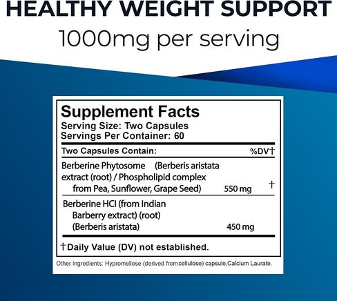 Ultimate Berberine Phytosome Plus Berberine HCL for Healthy Weight Management, Carbohydrate Metabolism, GI, Immunity & Cholesterol Support - 1000mg Maximum Strength Supplement (30 Day Supply) in Kuwait