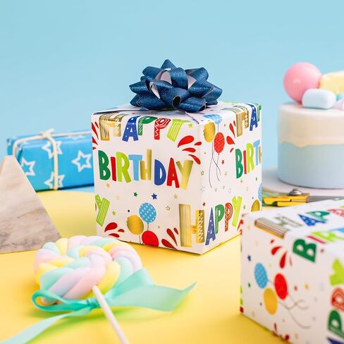 Burymento Birthday Wrapping Paper Roll,Kraft Gift Wrap Paper for Birthday Baby Shower,Kraft Paper with Grid Lines,Lettering Pattern - 17 Inches x 32.8 Feet 1 Roll in Kuwait