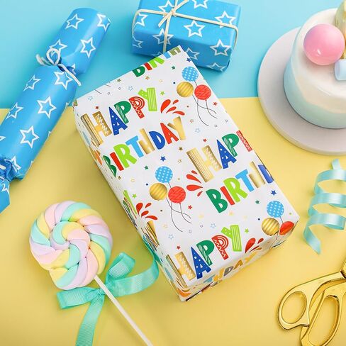Burymento Birthday Wrapping Paper Roll,Kraft Gift Wrap Paper for Birthday Baby Shower,Kraft Paper with Grid Lines,Lettering Pattern - 17 Inches x 32.8 Feet 1 Roll in Kuwait