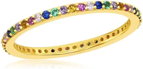 Beaux Bijoux Rainbow Simulated Diamond Eternity Ring for Women | Sterling Silver 14k Gold Plated Band Ring | CZ Cubic Zirconia Created Gemstone Ring | Fine Thin Stacking Ring in Saudi Arabia