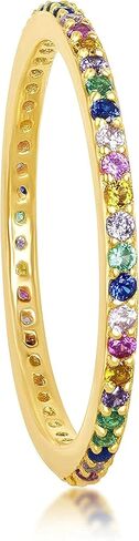 Beaux Bijoux Rainbow Simulated Diamond Eternity Ring for Women | Sterling Silver 14k Gold Plated Band Ring | CZ Cubic Zirconia Created Gemstone Ring | Fine Thin Stacking Ring in Saudi Arabia