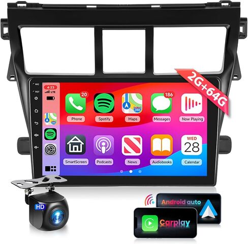2G 64G Car Stereo Radio for Toyota Yaris Vios 2007-2012 with Wireless Carplay Android Auto MirrorLink, Podofo 9 inch1080P IPS Touch Screen Bluetooth Radio with GPS EQ WiFi SWC Backup Camera in Saudi Arabia