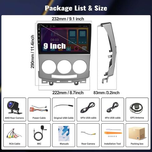راديو ستيريو للسيارة 2G+32G Android 13 لسيارة Mazda 5 2005-2010، CarPlay اللاسلكي ونظام الملاحة GPS التلقائي بنظام Android، شاشة لمس عالية الدقة 9 بوصات بلوتوث مع وصلة مرآة 28UI WiFi/FM/RDS/SWC+كاميرا احتياطية وميكروفون in Saudi Arabia