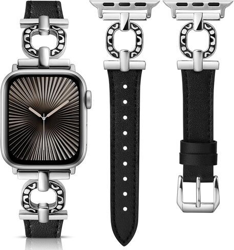 Minyee Leather Band Compatible with Apple Watch Band 41/40/38/42/44/45/46/49mm Women, Slim Leather Strap Scrollwork Designer Dressy O-Shape Metal Buckle for iWatch Series 10 9 8 7 6 5 4 3 2 SE Ultra in Kuwait