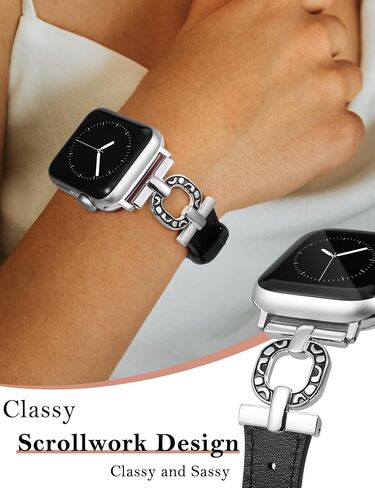 Minyee Leather Band Compatible with Apple Watch Band 41/40/38/42/44/45/46/49mm Women, Slim Leather Strap Scrollwork Designer Dressy O-Shape Metal Buckle for iWatch Series 10 9 8 7 6 5 4 3 2 SE Ultra in Kuwait
