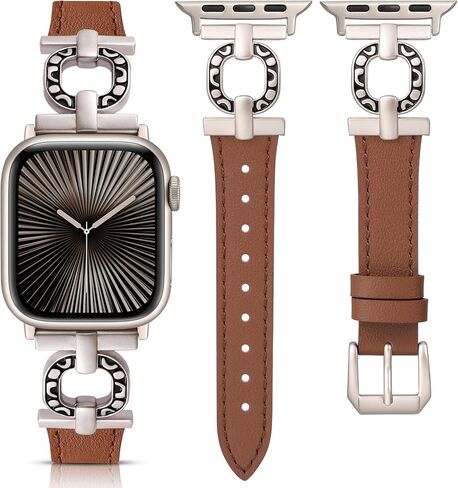 Minyee Leather Band Compatible with Apple Watch Band 41/40/38/42/44/45/46/49mm Women, Slim Leather Strap Scrollwork Designer Dressy O-Shape Metal Buckle for iWatch Series 10 9 8 7 6 5 4 3 2 SE Ultra in Kuwait
