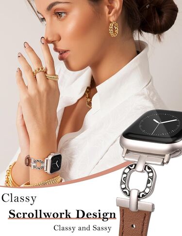 Minyee Leather Band Compatible with Apple Watch Band 41/40/38/42/44/45/46/49mm Women, Slim Leather Strap Scrollwork Designer Dressy O-Shape Metal Buckle for iWatch Series 10 9 8 7 6 5 4 3 2 SE Ultra in Kuwait