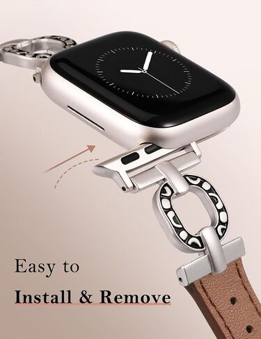Minyee Leather Band Compatible with Apple Watch Band 41/40/38/42/44/45/46/49mm Women, Slim Leather Strap Scrollwork Designer Dressy O-Shape Metal Buckle for iWatch Series 10 9 8 7 6 5 4 3 2 SE Ultra in Kuwait
