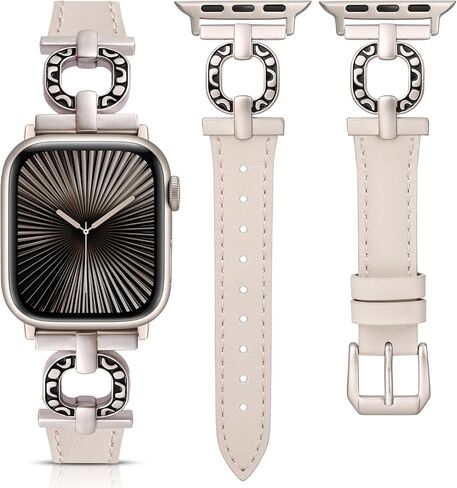 Minyee Leather Band Compatible with Apple Watch Band 41/40/38/42/44/45/46/49mm Women, Slim Leather Strap Scrollwork Designer Dressy O-Shape Metal Buckle for iWatch Series 10 9 8 7 6 5 4 3 2 SE Ultra in Kuwait