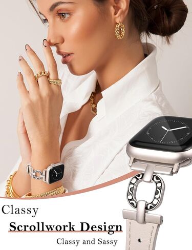 Minyee Leather Band Compatible with Apple Watch Band 41/40/38/42/44/45/46/49mm Women, Slim Leather Strap Scrollwork Designer Dressy O-Shape Metal Buckle for iWatch Series 10 9 8 7 6 5 4 3 2 SE Ultra in Kuwait