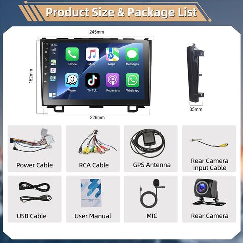 ستيريو سيارة Podofo لسيارة Honda CRV 2007 2008 2009 2010 2011 مع Apple CarPlay Android Auto، شاشة لمس 9 بوصة راديو بلوتوث صوت مع نظام تحديد المواقع العالمي (GPS) مرآة وصلة WiFi RDS Hi-Fi كاميرا احتياطية MIC in Saudi Arabia