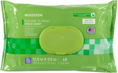McKesson Flushable* Wet Wipes XL - Aloe & Vitamin E Formula, Gentle on Skin, Plant-Based Adult Cleansing Wipes - Unscented, 48 Wet Wipes per Pack, 48 Wipes, 1 Pack in Saudi Arabia