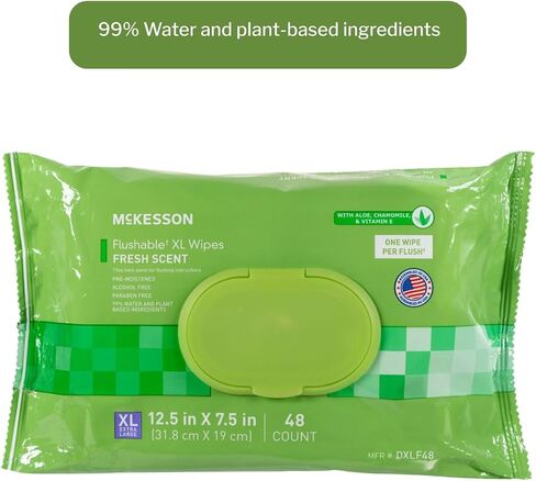 McKesson Flushable* Wet Wipes XL - Aloe & Vitamin E Formula, Gentle on Skin, Plant-Based Adult Cleansing Wipes - Unscented, 48 Wet Wipes per Pack, 48 Wipes, 1 Pack in Saudi Arabia