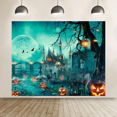 Halloween Backdrop 10x8ft for Photography Scary Cemetery Graveyard Spooky Skeleton Ghost Castle Moon Pumpkin Lantern Background Happy Halloween Party Decorations Banner for Kids Adults Photo Booth in Saudi Arabia