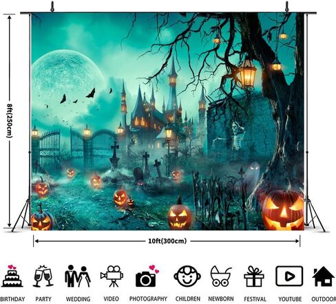 Halloween Backdrop 10x8ft for Photography Scary Cemetery Graveyard Spooky Skeleton Ghost Castle Moon Pumpkin Lantern Background Happy Halloween Party Decorations Banner for Kids Adults Photo Booth in Saudi Arabia
